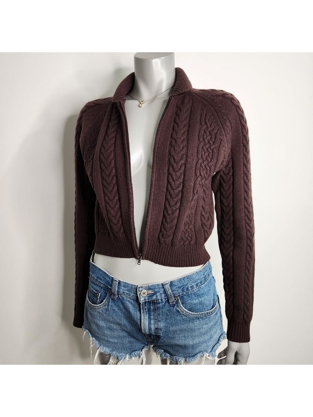 Aritzia Sunday Best "Gigi" Brown Cable Knit Collared Zip-Up Sweater Size 2XS - Picture 4 of 15
